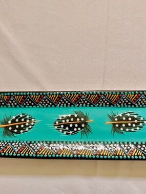 S African Hand Painted Signed Turquoise Ceramic Tray Feather Design 11.5" x 4"